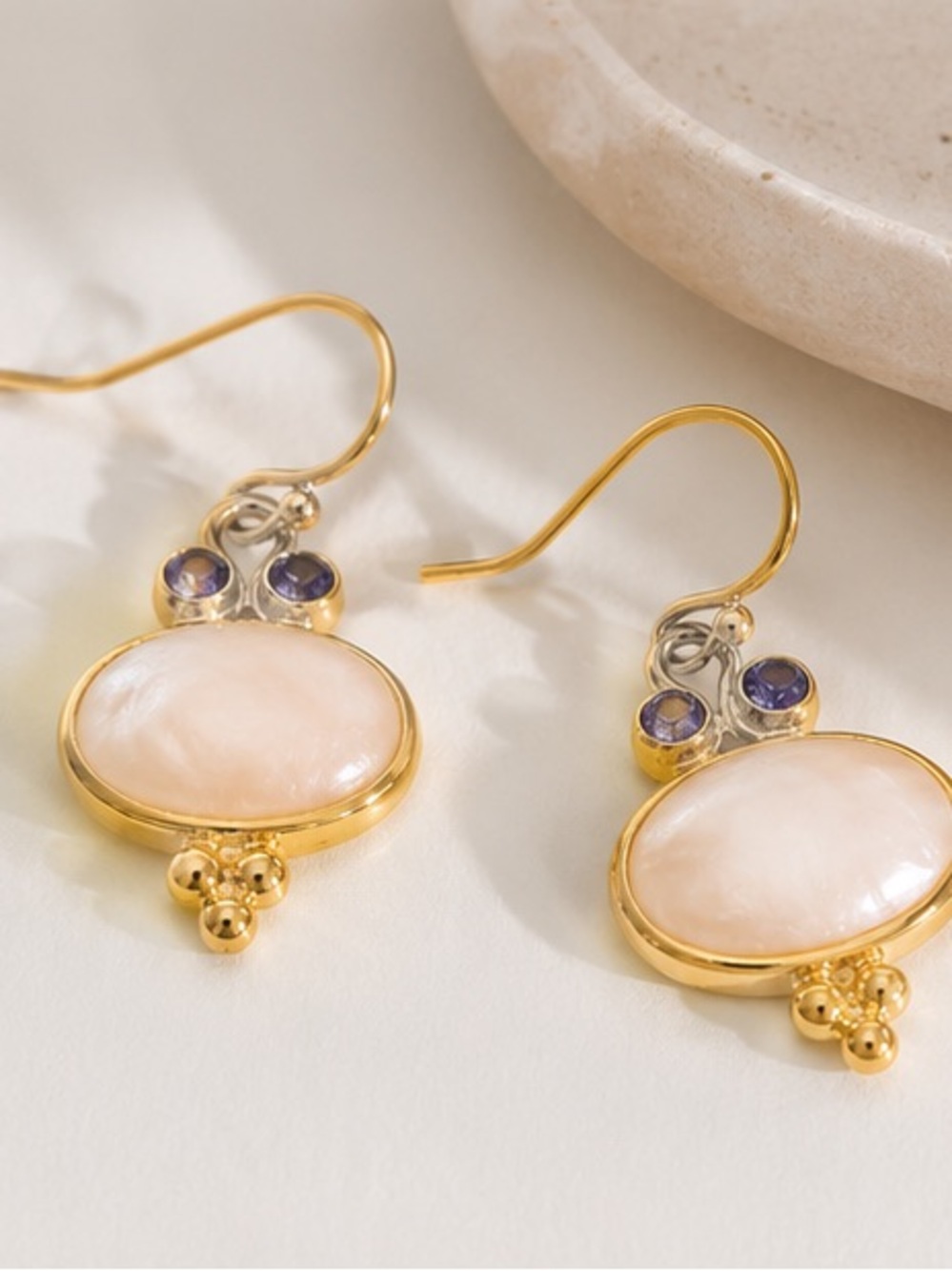 Gold Pearl & Violet Crystal Boho Drop Earrings